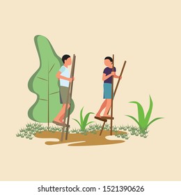 Stilts traditional game. Vector flat illustration of two boys playing stilts made of bamboo on a field ground. Outdor flat illustration.