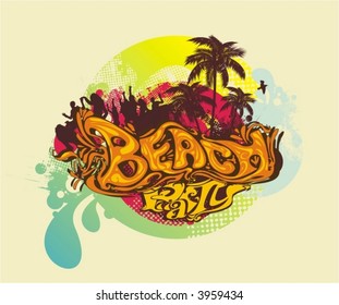 Stilyzed illustration for the words ''beach & party'' ,people silhouettes dancing under the palmtrees in the sunshine,floral &grunge elements vector illustration