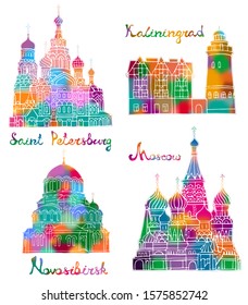 Stilyzed Russian architecture. Set of color silhouettes of famous buildings located in Moscow, Saint Petersburg, Kaliningrad, Novosibirsk. Vector illustration. Business Travel and Tourism.