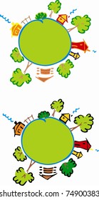 Stilyzed vector colored house standing around the globe