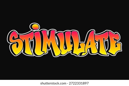 Estimule la ilustración de la palabra con letras de burbuja de degradado naranja y amarillo vibrantes con un contorno blanco, creando un Diseño gráfico enérgico con un estilo de arte callejero y graffiti