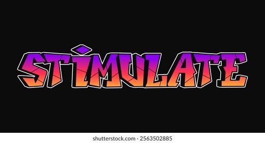 Stimulate word trippy psychedelic graffiti style letters. Vector hand drawn doodle cartoon logo Stimulate illustration. Funny cool trippy letters, fashion, graffiti style print t-shirt, poster concept