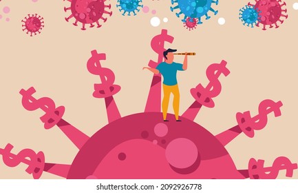 Stimulation of money for a company of entrepreneurs. A man stands on the virus and looks to the future vector illustration. Helping people business from the reserve during the pandemic crisis.