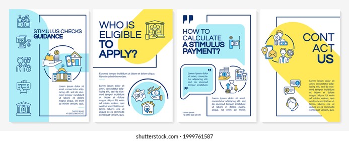 Stimulus Checks Guidance Brochure Template. Calculate Stimulus Payment. Flyer, Booklet, Leaflet Print, Cover Design With Linear Icons. Vector Layouts For Magazines, Annual Reports, Advertising Posters