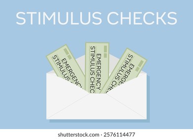 Stimulus checks, payments. Refundable credit, tax return concept. Envelope with green checks on blue background with text. Vector illustration.