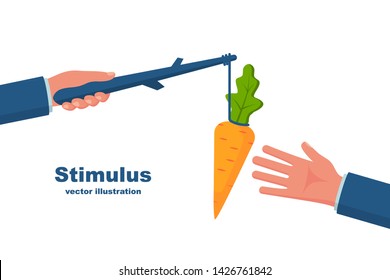 Stimulus concept. Business metaphor. Personnel management leadership. Incentive motivate people. Hand holds carrots on stick, businessman running for bait. Vector cartoon flat design. Attract earn. 
