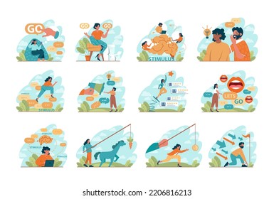 Stimulus concept set. Character motivation boost, moving forward to achieve target. Inspiration or encouragement idea. Flat vector illustration