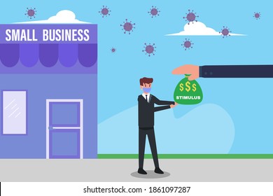 Concepto de vector de estímulo: Empresario con máscara facial y que recibe bolsa de dinero de estímulo con antecedentes de tienda de pequeñas empresas y brote de coronavirus