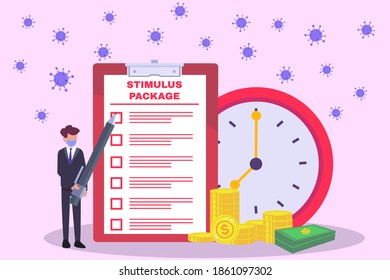 Stimulus Vector Concept: Businessman Wearing Face Mask And Writing Stimulus Package List On The Clipboard