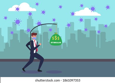 Stimulus vector concept: Businessman wearing face mask and running to chase money bag with stimulus text during coronavirus outbreak