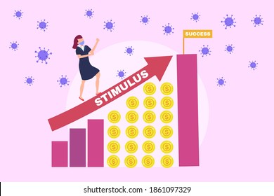 Stimulus vector concept: Businesswoman wearing face mask and climbing upward arrow with stimulus text to reach success flag