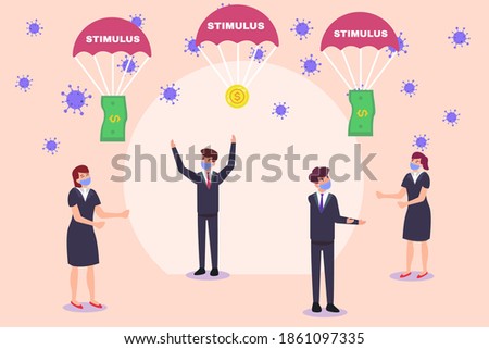 Stimulus vector concept: Happy businesspeople wearing face mask taking stimulus money from fall parachute during coronavirus outbreak