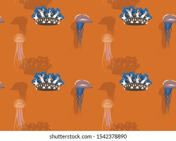 Stinger Jellyfish Cartoon Orange Seamless Background Wallpaper-01