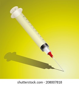Stinging syringe with shadow. Vector illustration on yellow to white gradient background.