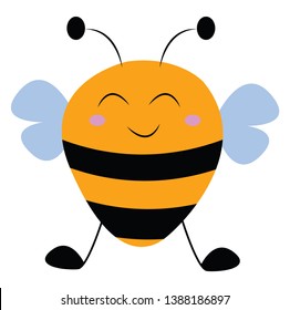 A stinging winged insect that collects nectar and pollen with an oval-shaped brown-colored body and two longitudinal bands  blue wings  and two antennas  vector  color drawing or illustration