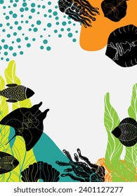 Stingray, algas, peces, medusas y manchas de color abstracto. Vida marina. Marco, fondo, postal. Vector