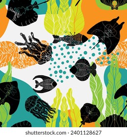 Stingray, algae, fish, jellyfish and abstract color spots. Sea life. Vector seamless pattern.