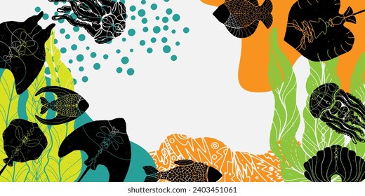 Stingray, algae, fish, jellyfish and abstract color spots. Sea life. Frame, background, postcard. Vector	
