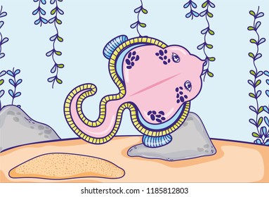 stingray animal with seaweed plants hanging