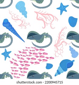 Stingray, Batomorphi sea life, fish, animals bright seamless pattern. sea travel, snorkeling with animals, tropical fish