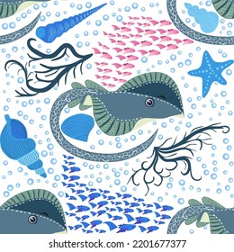 Stingray, Batomorphi sea life, fish, animals bright seamless pattern. sea travel, snorkeling with animals, tropical fish