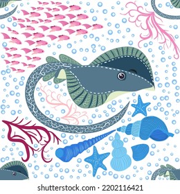 Stingray, Batomorphi sea life, fish, animals bright seamless pattern. sea travel, snorkeling with animals, tropical fish