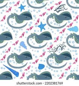 Stingray, Batomorphi sea life, fish, animals bright seamless pattern. sea travel, snorkeling with animals, tropical fish