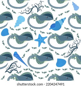 Stingray, Batomorphi sea life, fish, animals bright seamless pattern. sea travel, snorkeling with animals, tropical fish