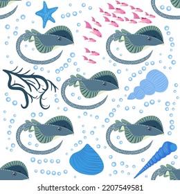 Stingray, Batomorphi sea life, fish, animals bright seamless pattern. sea travel, snorkeling with animals, tropical fish