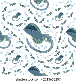 Stingray, Batomorphi sea life, fish, animals bright seamless pattern. sea travel, snorkeling with animals, tropical fish