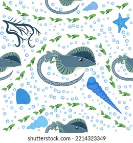 Stingray, Batomorphi sea life, fish, animals bright seamless pattern. sea travel, snorkeling with animals, tropical fish