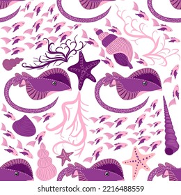 Stingray, Batomorphi sea life, fish, animals bright seamless pattern. sea travel, snorkeling with animals, tropical fish