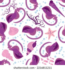 Stingray, Batomorphi sea life, fish, animals bright seamless pattern. sea travel, snorkeling with animals, tropical fish