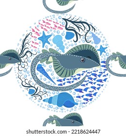 Stingray, Batomorphi sea life, fish, animals bright seamless pattern. sea travel, snorkeling with animals, tropical fish