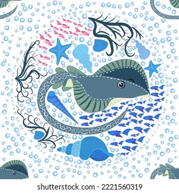 Stingray, Batomorphi sea life, fish, animals bright seamless pattern. sea travel, snorkeling with animals, tropical fish