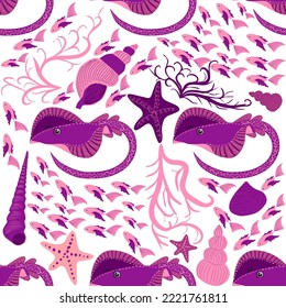 Stingray, Batomorphi sea life, fish, animals bright seamless pattern. sea travel, snorkeling with animals, tropical fish
