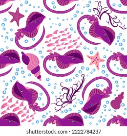 Stingray, Batomorphi sea life, fish, animals bright seamless pattern. sea travel, snorkeling with animals, tropical fish