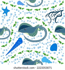 Stingray, Batomorphi sea life, fish, animals bright seamless pattern. sea travel, snorkeling with animals, tropical fish