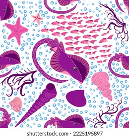 Stingray, Batomorphi sea life, fish, animals bright seamless pattern. sea travel, snorkeling with animals, tropical fish
