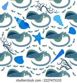 Stingray, Batomorphi sea life, fish, animals bright seamless pattern. sea travel, snorkeling with animals, tropical fish
