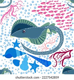 Stingray, Batomorphi sea life, fish, animals bright seamless pattern. sea travel, snorkeling with animals, tropical fish