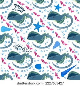 Stingray, Batomorphi sea life, fish, animals bright seamless pattern. sea travel, snorkeling with animals, tropical fish