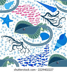 Stingray, Batomorphi sea life, fish, animals bright seamless pattern. sea travel, snorkeling with animals, tropical fish