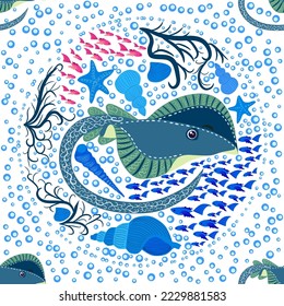 Stingray, Batomorphi sea life, fish, animals bright seamless pattern. sea travel, snorkeling with animals, tropical fish