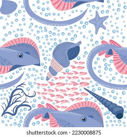 Stingray, Batomorphi sea life, fish, animals bright seamless pattern. sea travel, snorkeling with animals, tropical fish