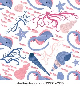 Stingray, Batomorphi sea life, fish, animals bright seamless pattern. sea travel, snorkeling with animals, tropical fish