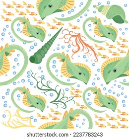 Stingray, Batomorphi sea life, fish, animals bright seamless pattern. sea travel, snorkeling with animals, tropical fish