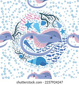 Stingray, Batomorphi sea life, fish, animals bright seamless pattern. sea travel, snorkeling with animals, tropical fish