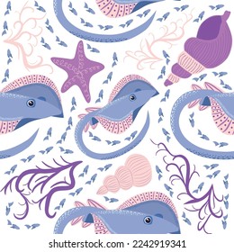Stingray, Batomorphi sea life, fish, animals bright seamless pattern. sea travel, snorkeling with animals, tropical fish