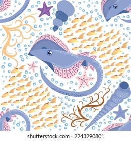 Stingray, Batomorphi sea life, fish, animals bright seamless pattern. sea travel, snorkeling with animals, tropical fish